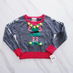Holiday Sweater Elfie Gray Red Pom Pom Details Size 18 Months Kids Cotton
